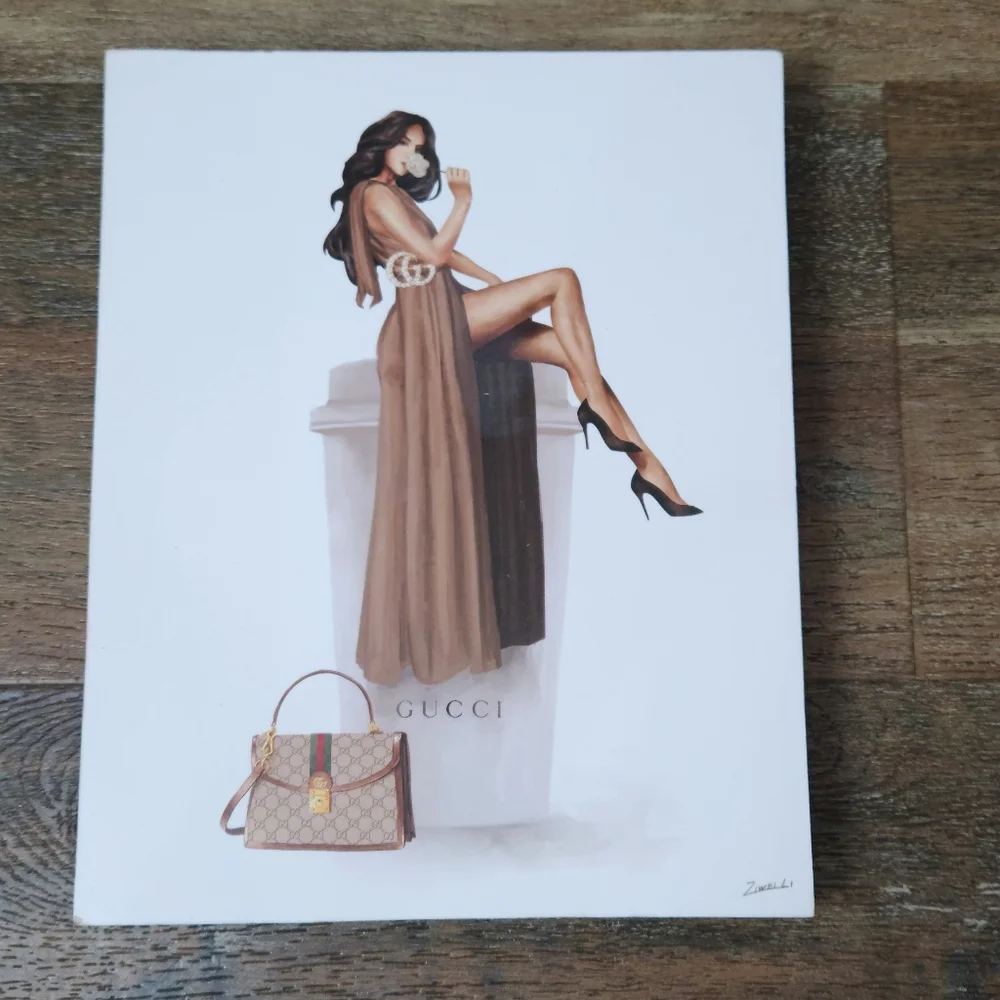 Wood Framed Print Glam Brand Fashion Girl ON Guccic Coffee Cup